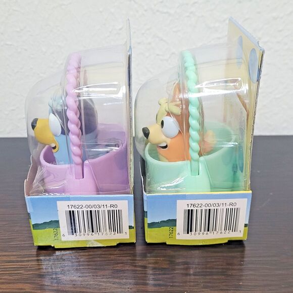 NEW Bluey & Bingo Bunny Basket  3” Figure Set of 2 w Sticker Sheet Green Purple - Picture 2 of 11